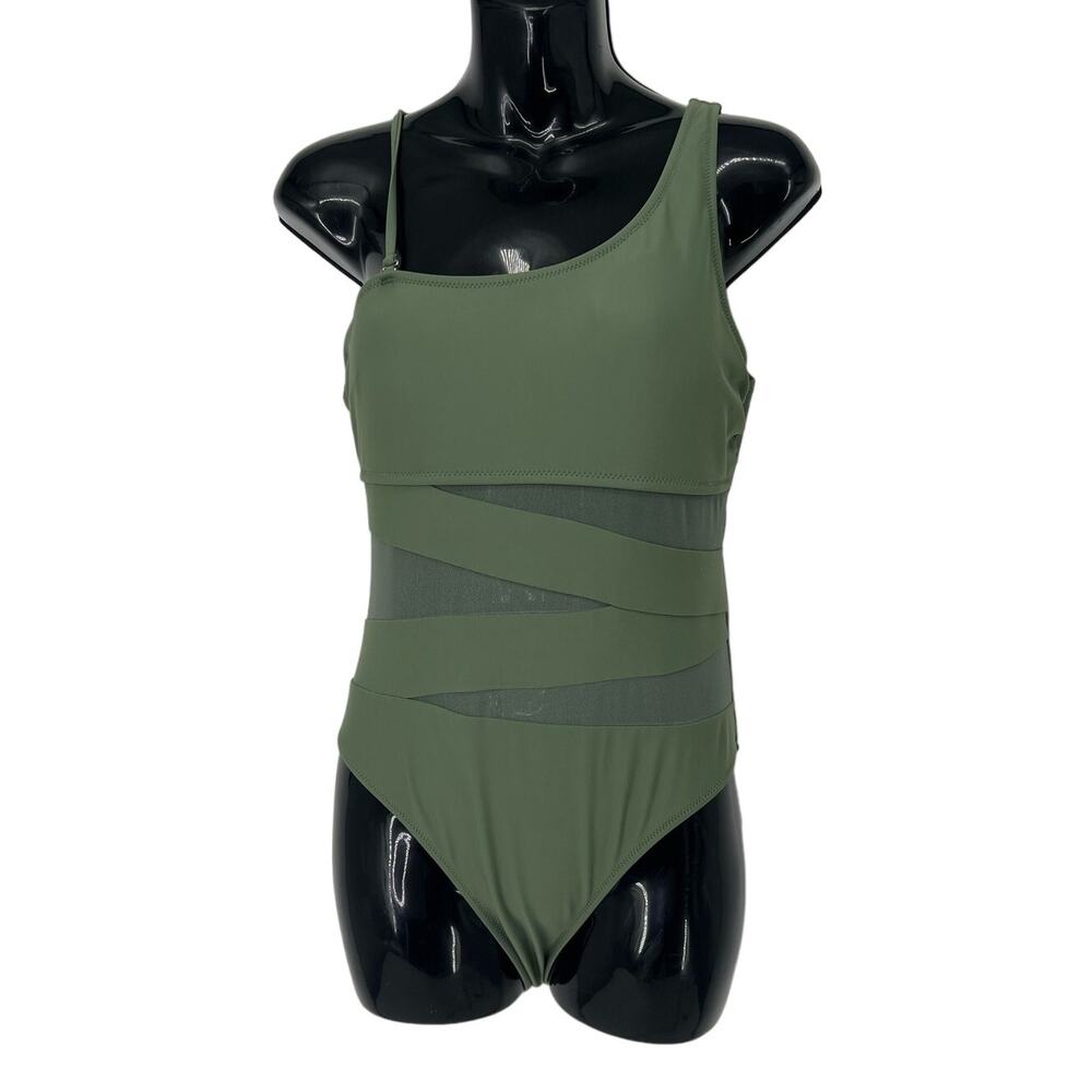 Pink Lily Army Green One Piece Criss Cross Mesh Size Large - Picture 1 of 5